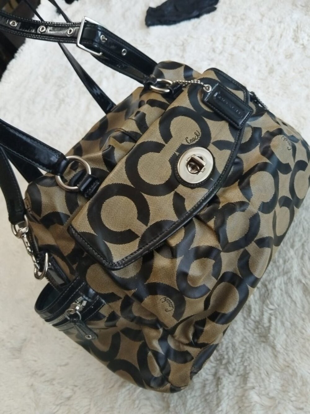 Coach Signature C Satchel Handbag Khaki & Black Patent Leather 10969
